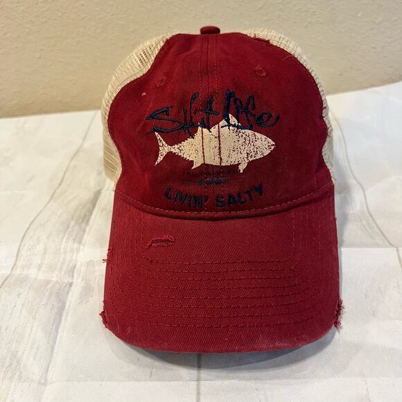 Salt Life Fishing Trucker Hat Burgundy Red Tan Mesh Adjustable Distressed - Picture 2 of 4